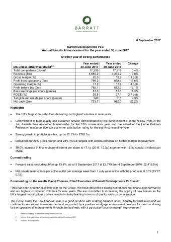 6 September 2017  Barratt Developments PLC  Annual Results Announcement for the year ended 30 June
