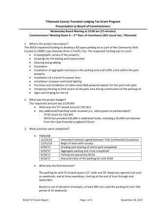 1. What is the project description?  The NVCA requested funding to develop a 60 space parking lot