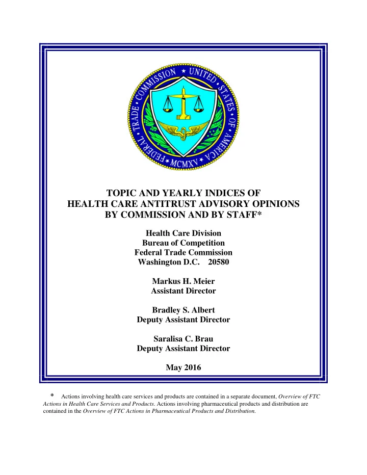 topic and yearly indices of health care antitrust