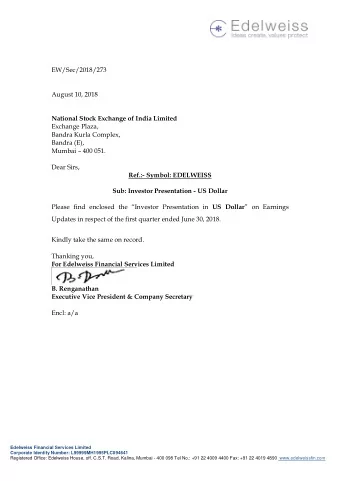 EW/Sec/2018/273  August 10, 2018  National Stock Exchange of India Limited  Exchange Plaza,  Bandra