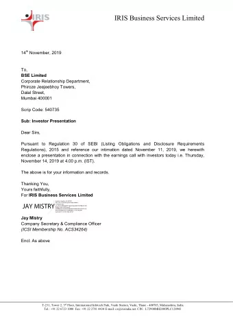 IRIS  Investor Presentation 14 th November, 2019  Compliance, Data &amp; Analytics  1  IRIS