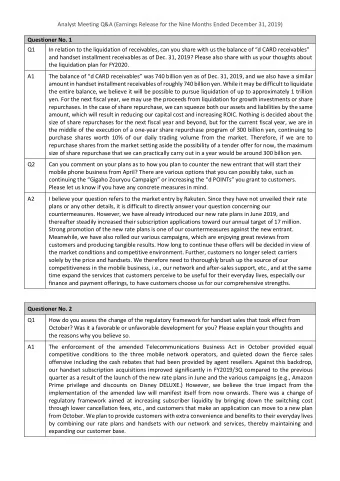 Analyst Meeting Q&amp;A (Earnings Release for the Nine Months Ended December 31, 2019)  Questioner