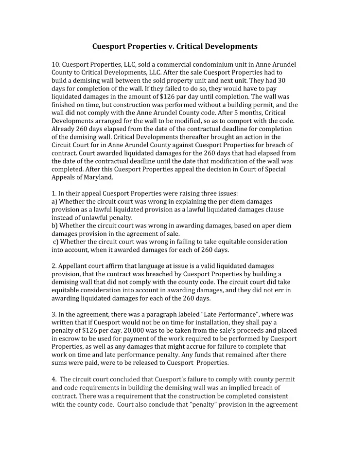 cuesport properties v critical developments