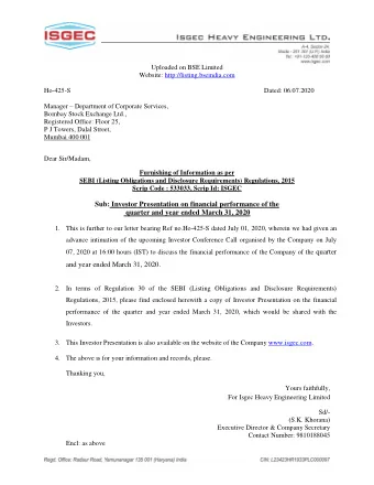 Sub: Investor Presentation on financial performance of the  quarter and year ended March 31, 2020