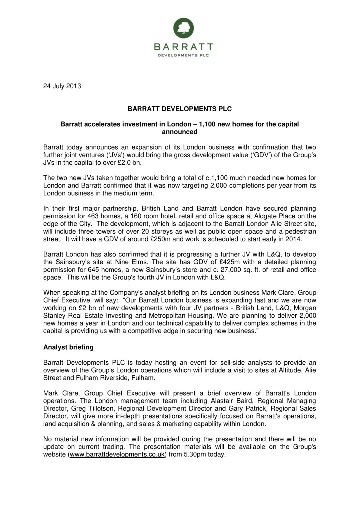 24 july 2013 barratt developments plc barratt accelerates