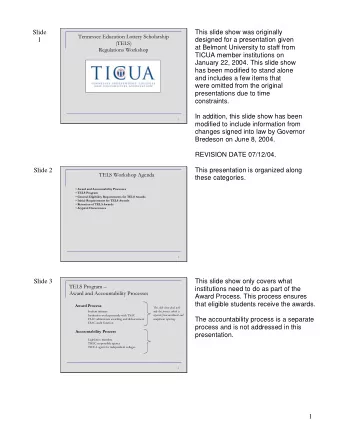 REVISION DATE 07/12/04.  Slide 2  This presentation is organized along  TELS Workshop Agenda  these