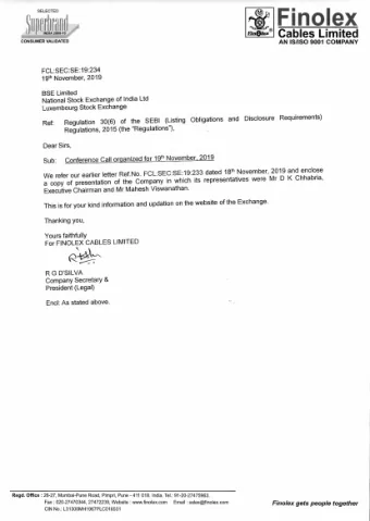 Ref:   Regulations, 2015 (the &quot;Regulations&quot;),  Dear Sirs,  Sub: Conference Call