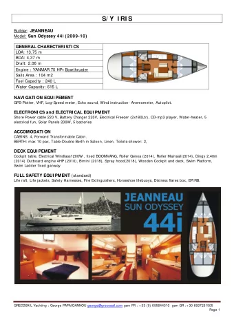 S/ Y  I RI S Builder: JEANNEAU Model: Sun Odyssey 44i (2009-10)  GENERAL CHARECTERI STI CS LOA:
