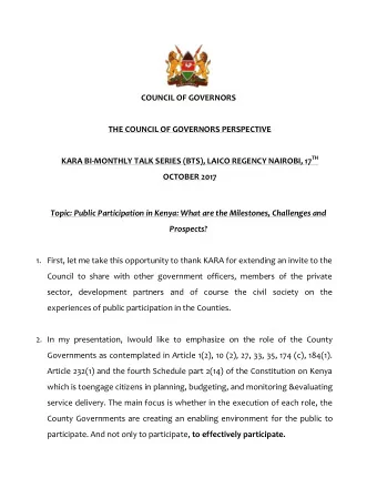 COUNCIL OF GOVERNORS  THE COUNCIL OF GOVERNORS PERSPECTIVE KARA BI-MONTHLY TALK SERIES (BTS), LAICO