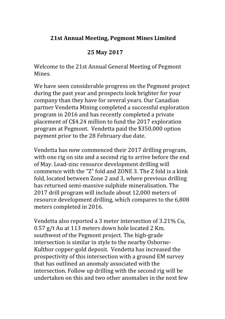 21st annual meeting pegmont mines limited 25 may 2017
