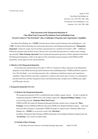 Final Agreement on the Management Integration of  Chuo Mitsui Trust Group and The Sumitomo Trust