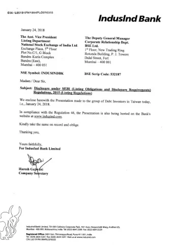 Induslnd Bank Ianuary 24,2018 The Asst. Vice President The Deputy General Manager Listing