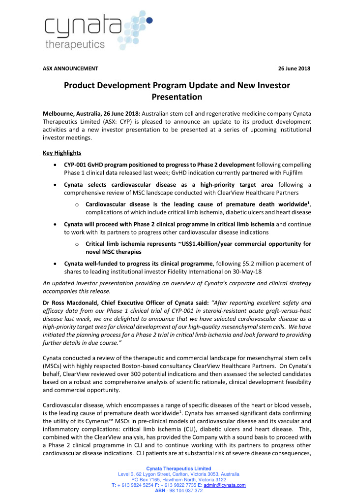product development program update and new investor