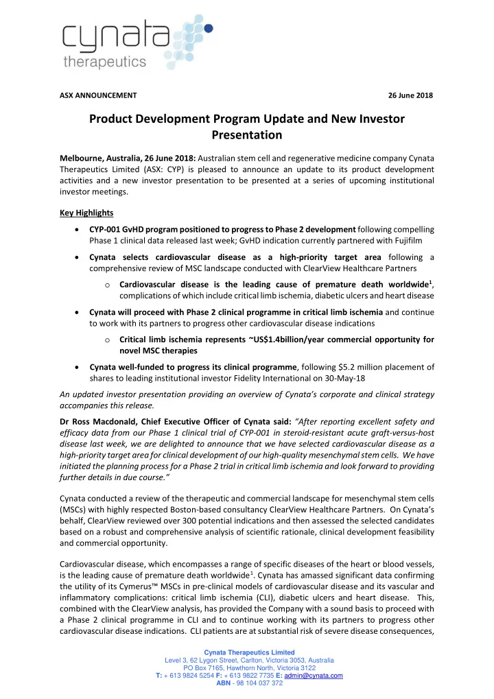 product development program update and new investor