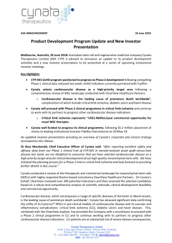 Product Development Program Update and New Investor  Presentation Melbourne, Australia, 26 June