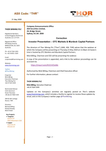 ASX Code: THR  21 May 2020  Company Announcements Office ASX Securities Limited,  THOR MINING