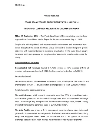 PRADA spa  PRESS RELEASE  PRADA SPA APPROVES GROUP RESULTS TO 31 JULY 2014  THE GROUP CONFIRMS