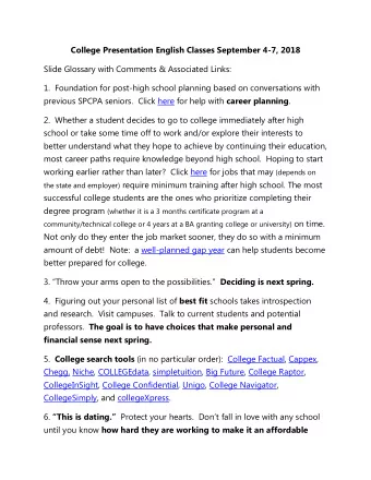 College Presentation English Classes September 4-7, 2018  Slide Glossary with Comments &amp;