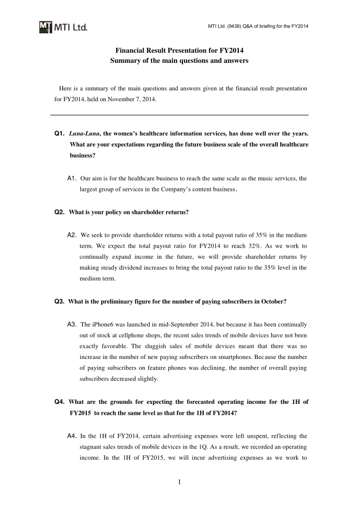 mti ltd 9438 q a of briefing for the fy2014 financial