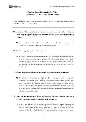 MTI Ltd. (9438) Q&amp;A of briefing for the FY2014  Financial Result Presentation for FY2014