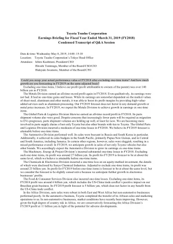 Toyota Tsusho Corporation  Earnings Briefing for Fiscal Year Ended March 31, 2019 (FY2018)