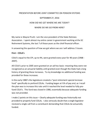 PRESENTATION BEFORE JOINT COMMITTEE ON PENSION SYSTEMS  SEPTEMBER 27, 2016  HOW DID WE GET WHERE WE