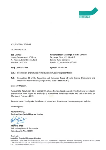 441/ Jitendra Bhati  Compliance &amp; Secretarial  SVP {Membership No. F8937) Encl: a/a Indostar