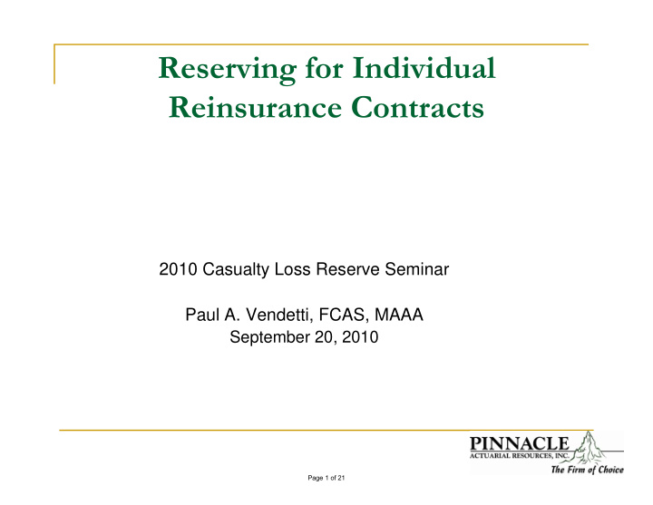 reserving for individual reinsurance contracts