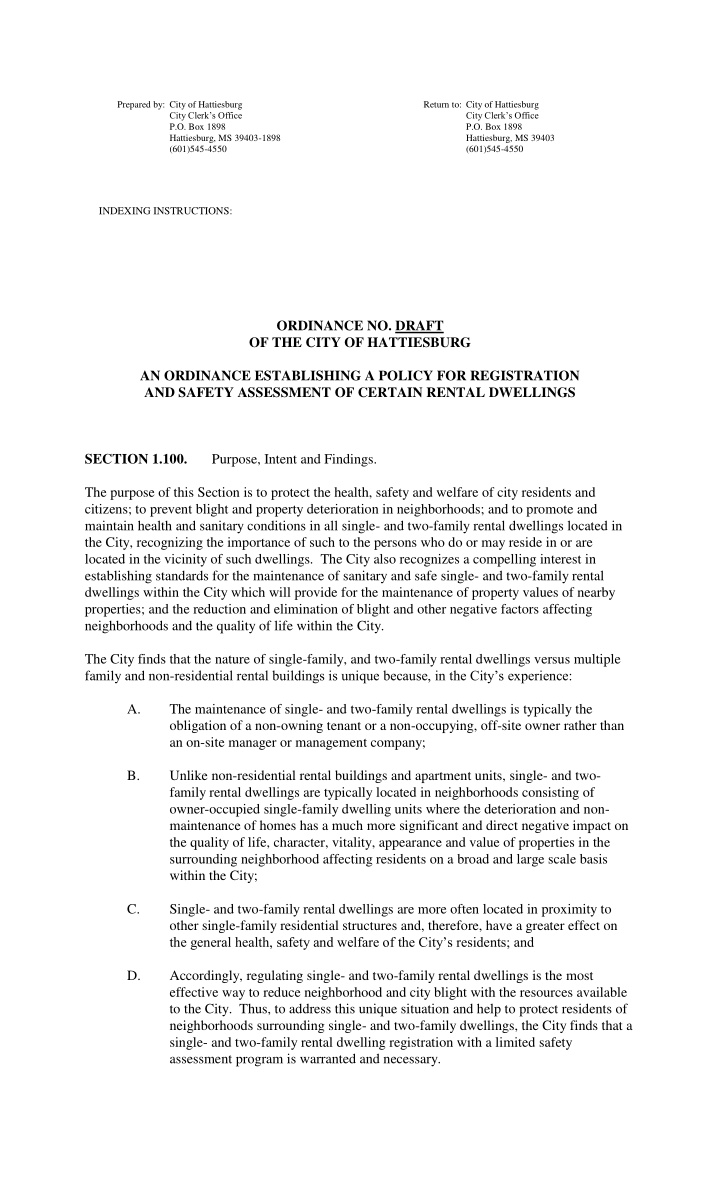 indexing instructions ordinance no draft of the city of