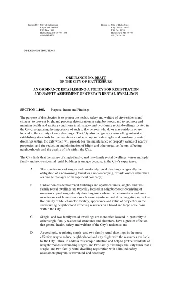 INDEXING INSTRUCTIONS: ORDINANCE NO. DRAFT  OF THE CITY OF HATTIESBURG  AN ORDINANCE ESTABLISHING A