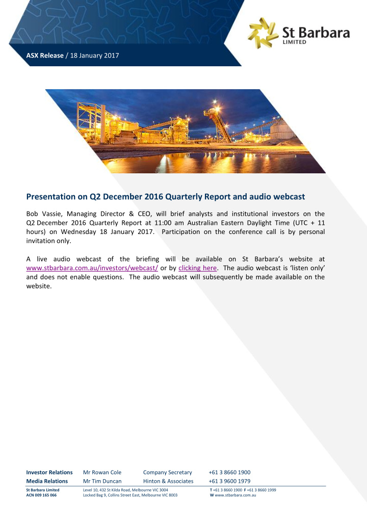 presentation on q2 december 2016 quarterly report and