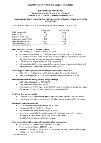 FULL YEAR RESULTS FOR THE YEAR ENDED 31 MARCH 2016 LONDONMETRIC PROPERTY PLC (LondonMetric or
