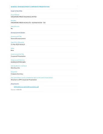 GENERAL ANNOUNCEMENT::CORPORATE PRESENTATION  Issuer &amp; Securities  Issuer/ Manager  SINGAPORE