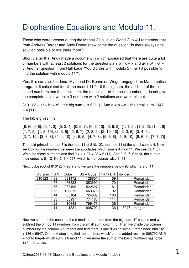 diophantine equations and modulo 11