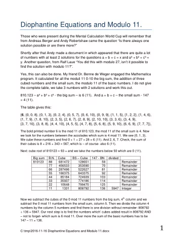 Diophantine Equations and Modulo 11.  Those who were present during the Mental Calculation World