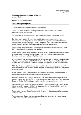 AB&amp;F Leaders Series  10 August 2010  Address to Australian Banking &amp; Finance  Leaders