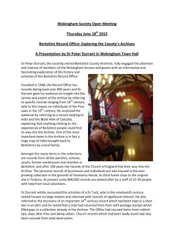 Wokingham Society Open Meeting Thursday June 18 th 2015 Berkshire Record Office: Exploring the