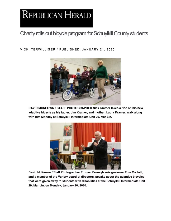 charity rolls out bicycle program for schuylkill county