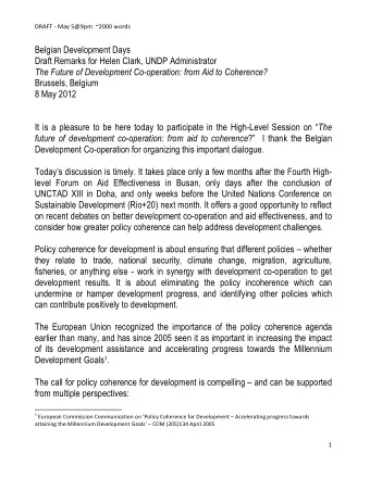 Belgian Development Days  Draft Remarks for Helen Clark, UNDP Administrator  The Future of