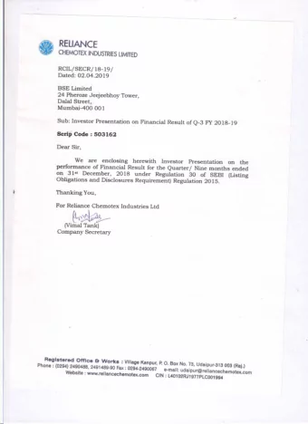 Reliance Chemotex  Industries Limited  Investor Presentation  March 2019  Safe Habour This