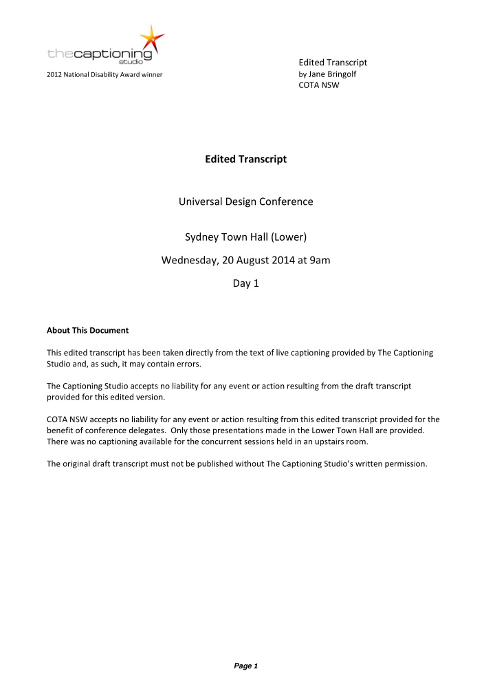 edited transcript universal design conference sydney town