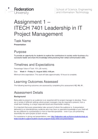 Assignment 1   ITECH 7401 Leadership in IT  Project Management  Task Name Presentation  Purpose