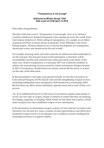 Transparency is not enough  Delivered by Miriam Struyk, PAX  Side event at CCW April 13 2016