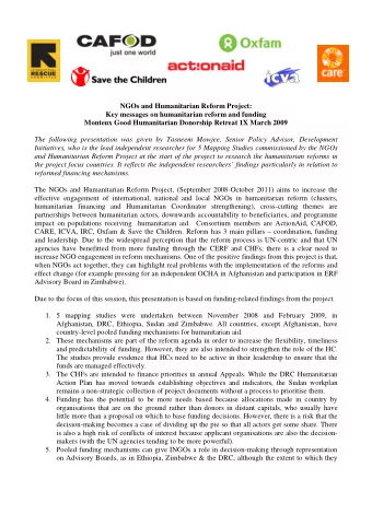 NGOs and Humanitarian Reform Project:  Key messages on humanitarian reform and funding  Monteux