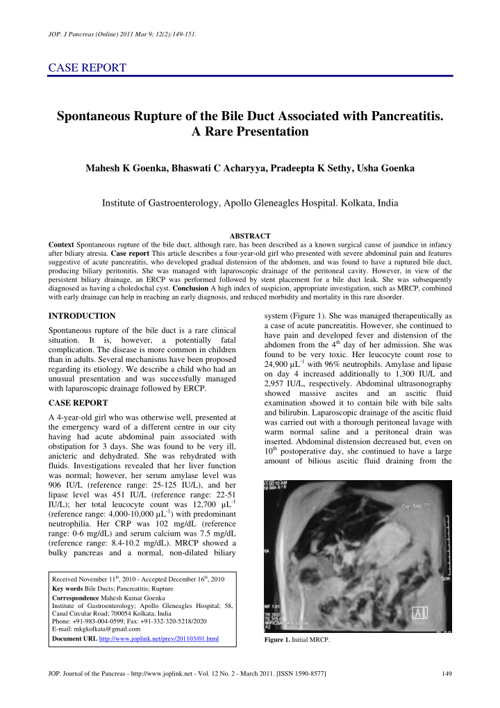 spontaneous rupture of the bile duct associated with