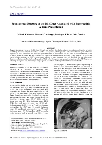 Spontaneous Rupture of the Bile Duct Associated with Pancreatitis.  A Rare Presentation  Mahesh K