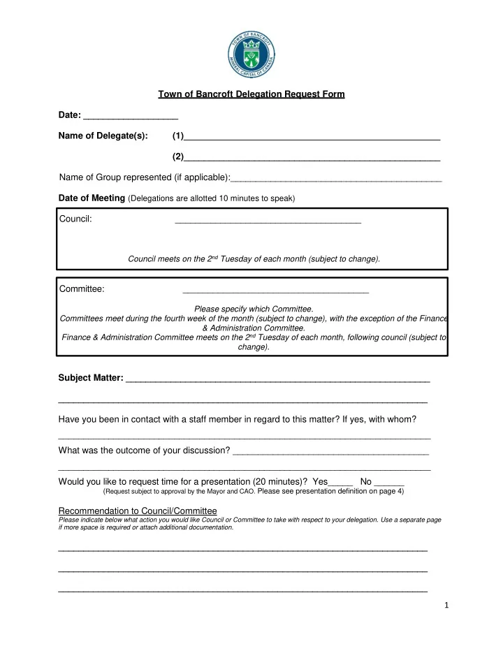 town of bancroft delegation request form date name of