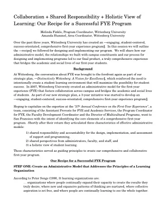 Collaboration + Shared Responsibility + Holistic View of  Learning: Our Recipe for a Successful FYE