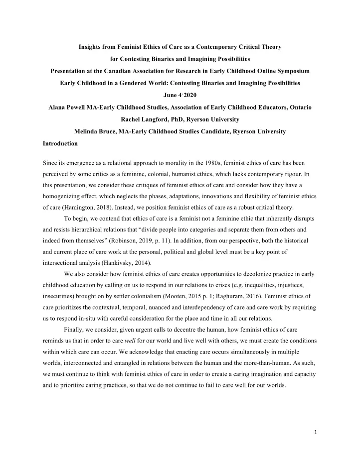 insights from feminist ethics of care as a contemporary