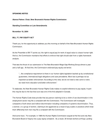 SPEAKING NOTES  Alanna Palmer. Chair, New Brunswick Human Rights Commission  Standing Committee on